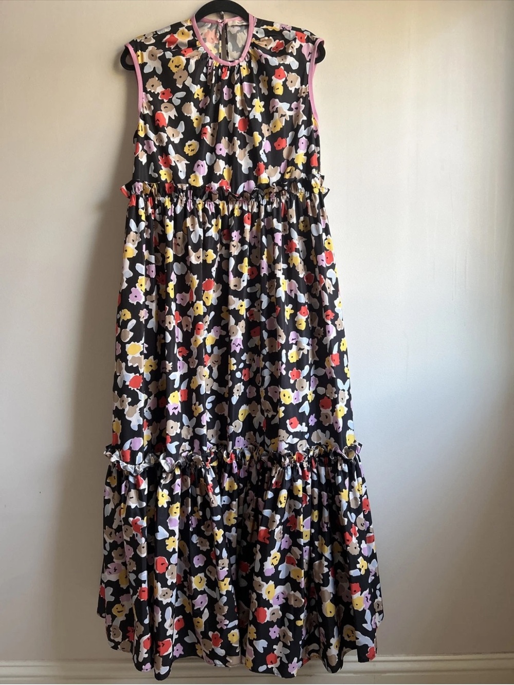 NWOT Brogger Black Colorful Floral Sleeveless Ruffle Pockets Long Maxi Dress S
